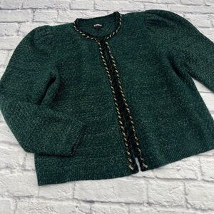 Express Lurex Chain Trim Tweed Cardigan Sweater Size XL Emerald Green Metallic